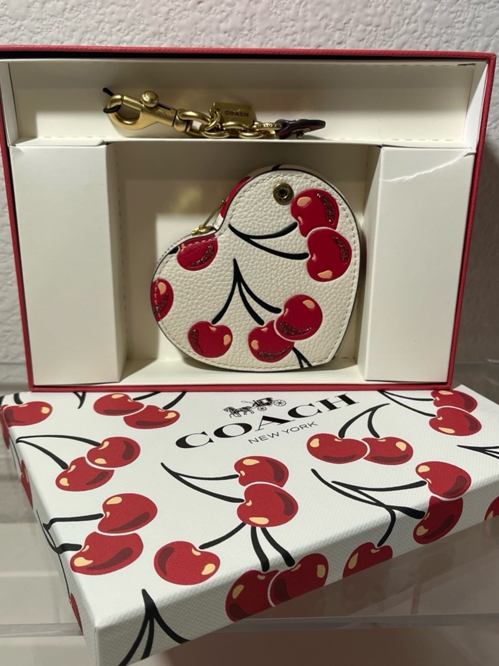 Coach Cherry Heart Coin Pouch in White and Red with Gold Hardware